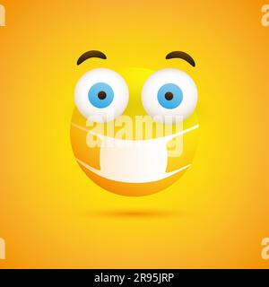 Emoticon sorpreso, preoccupato con occhi pop-out e maschera medica su sfondo giallo - Design vettoriale Illustrazione Vettoriale