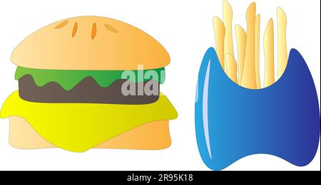 Hamburger e patatine fritte, su sfondo bianco, disegno per bambini. Illustrazione Vettoriale