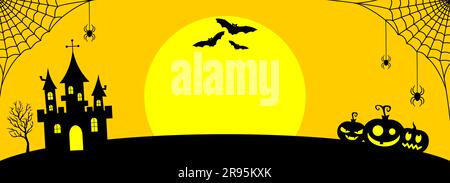 Silhouette nere di castello, ragni su rete, zucche, pipistrelli e luna piena su sfondo giallo con spazio per la copia. Banner di Halloween. Illust vettoriale piatto Illustrazione Vettoriale