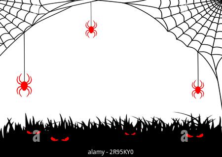 Illustrazione di Halloween in bianco, nero e rosso con ragnatela, ragni e occhi malvagi nell'erba. Sfondo Halloween con spazio per la copia Illustrazione Vettoriale