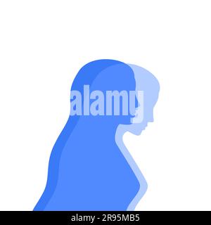 Profilo femminile blu con sporgenza traslucida. Concetto di salute mentale. Dualità ed emozioni nascoste Illustrazione Vettoriale