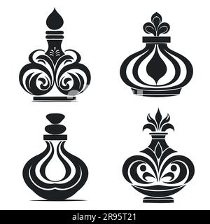 Silhouette di una bottiglia con una collezione di elisir magico o veleno. Illustrazione vettoriale vaso mistica. Illustrazione Vettoriale