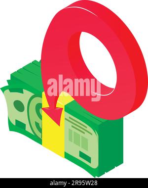 Icona della gestione finanziaria vettore isometrico. Indicatore di posizione e stack di banconote in dollari. Concetto finanziario, gestione Illustrazione Vettoriale