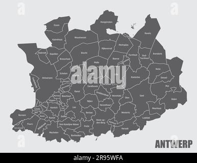 Mappa amministrativa di Anversa isolata su sfondo grigio, Belgio Illustrazione Vettoriale