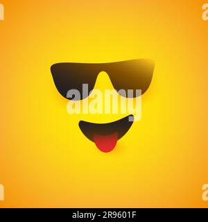 Volto Emoji sorridente con occhiali da sole e lingua bloccata - emoticon semplice e brillante su sfondo giallo - Design vettoriale Illustrazione Vettoriale