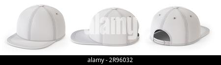 Modello bianco con retro a scatto, modello cappello vuoto, isolato su sfondo bianco. illustrazione 3d. Foto Stock