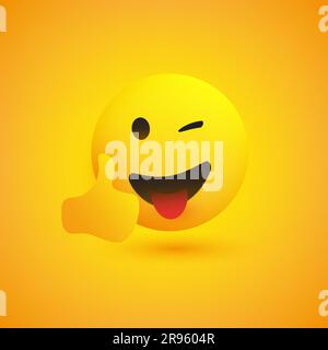 Emoji sorridente su sfondo giallo - semplice emoticon felice con occhio strizzato e lingua allungata che mostra pollice in alto - concetto di design vettoriale Illustrazione Vettoriale