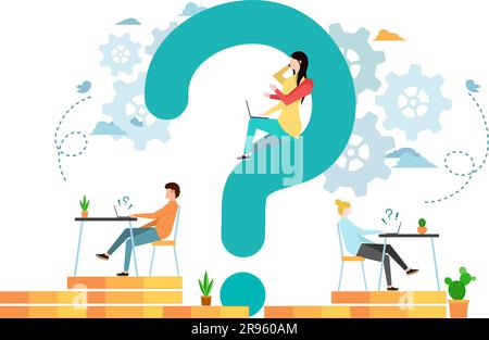 Consulenza aziendale e soluzione aziendale. Illustrazione del contorno vettoriale a linee piatte di una donna d'affari e di un consulente con un discorso di domande e idee Illustrazione Vettoriale