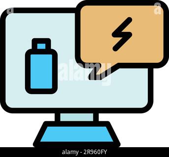 Icona della batteria del computer. Delineare l'icona vettoriale del computer della batteria per la progettazione del Web isolata su sfondo bianco con colore piatto Illustrazione Vettoriale