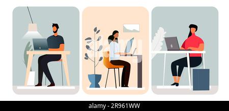 Uomo e donna che lavorano su laptop Illustrazione Vettoriale