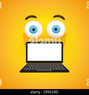 Emoji sorpreso, emoticon con occhi pop-out e computer portatile su sfondo giallo - Design vettoriale Illustrazione Vettoriale