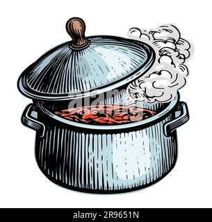 La zuppa sta bollendo. Concetto di cucina. Illustrazione vettoriale per il menu del bar o del ristorante Illustrazione Vettoriale