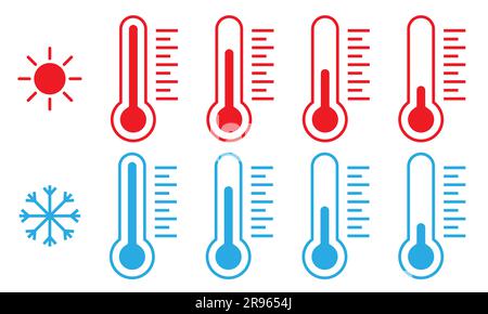Set di icone del termometro. Simboli della temperatura a freddo e a caldo. La progettazione può essere utilizzata per applicazioni Web e mobili. Illustrazione Vettoriale