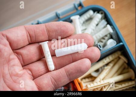 Alcuni tasselli in plastica in mano maschile. Vista dall'alto. Organiser per le viti e i perni sullo sfondo. Foto Stock