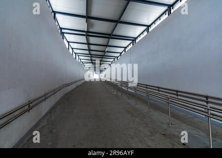 Klodzko, Polonia - gennaio 2023: Lungo tunnel alla piattaforma della stazione ferroviaria nella città di Klodzko Foto Stock