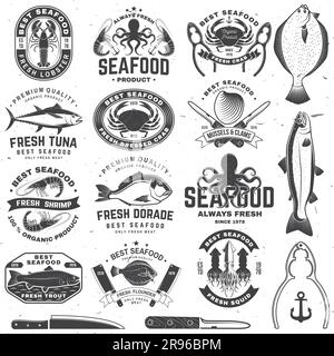 Set di migliori badge di pesce. Tonno fresco, polpo, trota, gamberetti, granchio vestito, cozze e vongole. Vettore. Per emblema di pesce, cartello, cerotto, camicia, menu Illustrazione Vettoriale