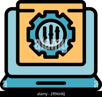 Icona del motore di ricerca del notebook. Delinea icona vettoriale del motore di ricerca per laptop per il web design isolata su sfondo bianco piatto a colori Illustrazione Vettoriale