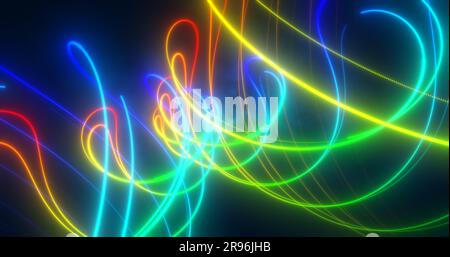 Linee laser astratte al neon arcobaleno multicolore che volano su sfondo nero. Foto Stock