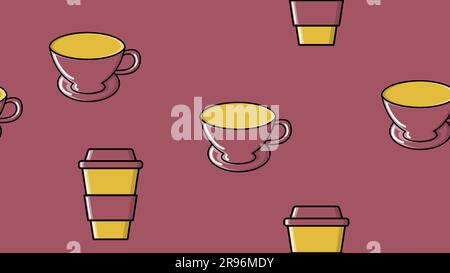 Bicchieri ripetuti e tazze in ceramica senza cuciture, con caffè caldo e veloce, espresso americano arabica in una tazza di cartone da abbinare a un poliuretano Illustrazione Vettoriale