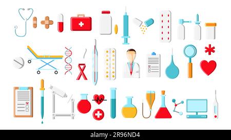 Una grande bella set di colori luminosi di articoli medici e strumenti di una farmacia o di un medico di ufficio, termometro compresse siringhe matracci di farmaci su un Illustrazione Vettoriale