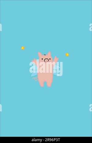 Carino Flying Pig Raising Arms in Joy Before Two Butterflies, come il detto, When Pigs Fly Illustrazione Vettoriale