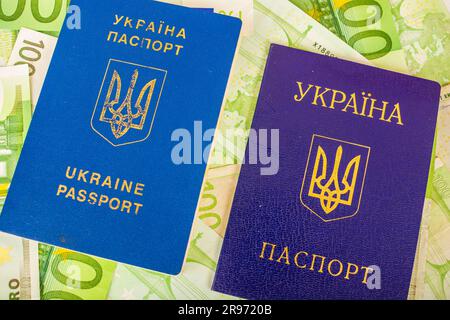 Due passaporti ucraini uno è ferito dal secondo passaporto civile sullo sfondo delle banconote in euro nel valore nominale di 100 Foto Stock