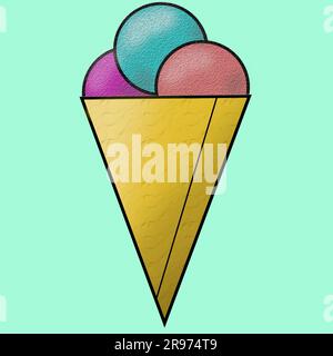Doppio cucchiaio di gelato alla fragola in un cono per waffle su sfondo verde Foto Stock