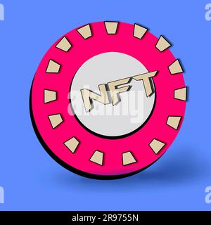 Chip viola con il token di iscrizione su sfondo blu con un'ombra Foto Stock