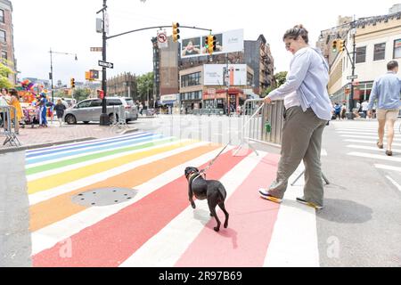 Un passerella e' decorata in colori arcobaleno in onore del mese dell'orgoglio LGBTQIA di fronte al bar Stonewall sull'Isola di Manhattan a New York, Stati Uniti. 6 aprile 2023. (Foto: Vanessa Carvalho) credito: Brazil Photo Press/Alamy Live News Foto Stock