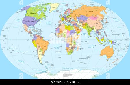 Mappa del mondo politico proiezione Winkel-Tripel Illustrazione Vettoriale