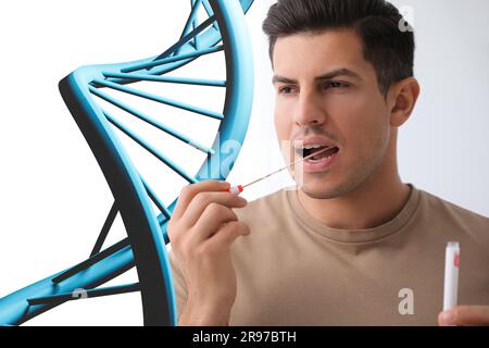 Uomo che prende campioni per test genetici su sfondo bianco. Illustrazione della struttura del DNA Foto Stock