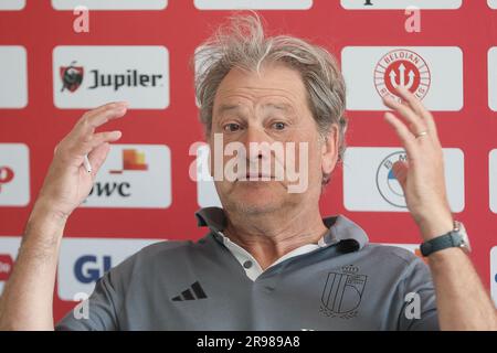 Tbilisi, Georgia. 25 giugno 2023. L'allenatore belga degli Under-21 Jacky Mathijssen ha fotografato in una conferenza stampa della squadra belga di calcio Under-21 ai Campionati europei UEFA Under21, a Tbilisi, Georgia, domenica 25 giugno 2023. I campionati europei UEFA Under21 si svolgono dal 21 giugno all'8 luglio in Georgia e Romania. La squadra belga ha due risultati di pareggio e un'ultima partita a gironi. BELGA PHOTO BRUNO FAHY Credit: Belga News Agency/Alamy Live News Foto Stock