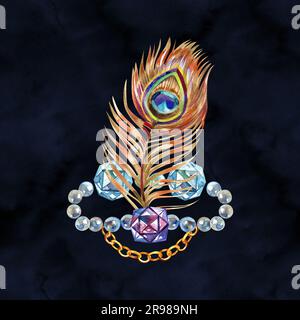 Illustrazione acquerello Peacock. Composizione arricciata in oro. Sfondo acquerello. Foto Stock