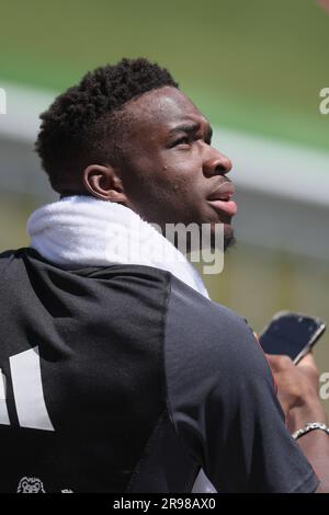 Tbilisi, Georgia. 25 giugno 2023. Il belga Mandela Keita nella foto durante una sessione di allenamento della squadra belga di calcio Under 21 ai Campionati europei UEFA Under21, a Tbilisi, Georgia, domenica 25 giugno 2023. I campionati europei UEFA Under21 si svolgono dal 21 giugno all'8 luglio in Georgia e Romania. La squadra belga ha due risultati di pareggio e un'ultima partita a gironi. BELGA PHOTO BRUNO FAHY Credit: Belga News Agency/Alamy Live News Foto Stock