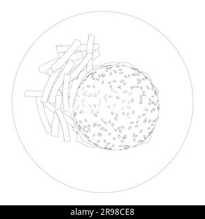 Delineare il cheeseburger sul piatto. Contorno dell'humburger con cotolette, formaggio, pomodori e lattuga. cibo americano. Elemento di illustrazione vettoriale con humburge Illustrazione Vettoriale