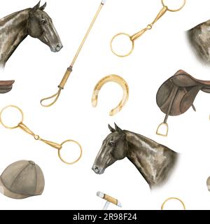 Modello minimalista senza cuciture con illustrazioni ad acquerello di ferro di cavallo e snaffles dorati, selle, bastoncini di polo di cavallo, portrini di cavallo, isolati Foto Stock