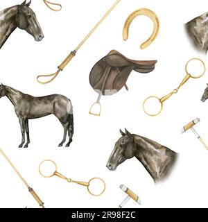 Modello minimalista senza cuciture con illustrazioni ad acquerello di ferro di cavallo e snaffles dorati, selle, bastoncini di polo di cavallo, portrini di cavallo, isolati Foto Stock