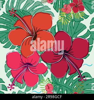 L'ibisco rosso vivace dell'estate e le foglie tropicali lasciano un bellissimo sfondo con motivo vettoriale senza cuciture Illustrazione Vettoriale