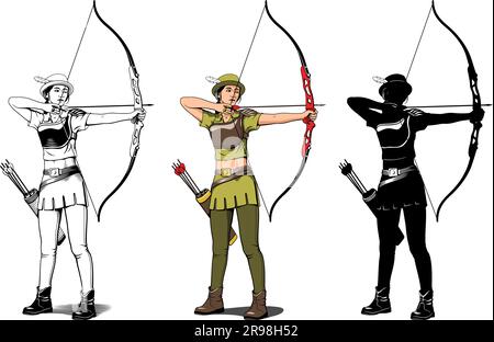 Archer Character. Giovane ragazza che mira a un bersaglio. Tiro con l'arco sportivo. Clipart contorno, colore e silhouette isolati sul bianco. Illustrazione Vettoriale