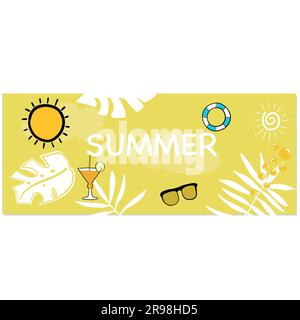 Estate: Sole giallo e banner estivo con sfondo giallo Illustrazione Vettoriale