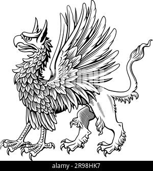 Eretta Heraldic Griffin. Clipart vettoriale incisione stile inchiostro. Tutte le parti bianche sono disponibili per la colorazione. Illustrazione Vettoriale