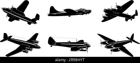 WWII Bombers silhouette COLLECTION on White. Clipart vettoriali. Illustrazione Vettoriale