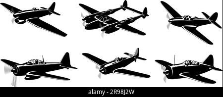 WWII Fighter Planes silhouette Collection isolate su bianco. Volume 3. Clipart vettoriali. Illustrazione Vettoriale