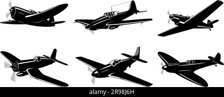 WWII Fighter Planes silhouette Collection isolate su bianco. Volume 1. Clipart vettoriali. Illustrazione Vettoriale