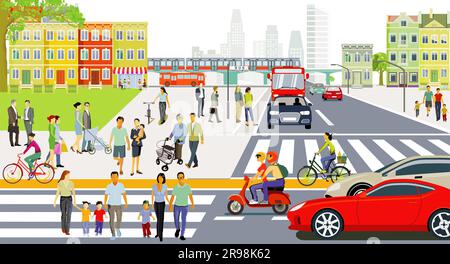 Silhouette urbana di una città con traffico e pedoni, illustrazione Foto Stock