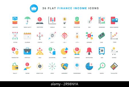 Tendenze e rischi finanziari, grafici dei profitti sul dashboard, servizio di pianificazione e budget nell'app mobile per conto bancario. Finanza ed economia, risparmio di denaro icone piatte alla moda, illustrazioni vettoriali Illustrazione Vettoriale
