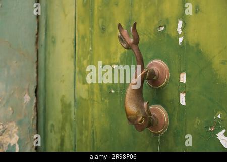 Mdina, Malta - maggio 2023: Una maniglia a forma di delfino su una vecchia porta verde nella città di Mdina Malta. Foto Stock