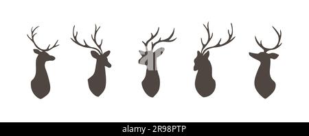 Set di teste di cervo. Silhouette nere animali selvatici con corna su sfondo bianco. Illustrazione vettoriale piatta Illustrazione Vettoriale