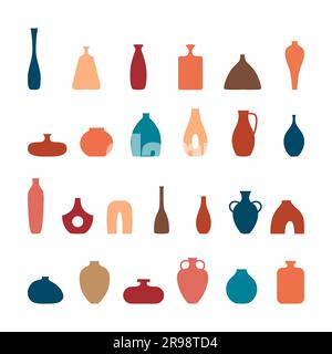 Set di vasi in ceramica stilizzati disegnati a mano. Sagome di vasi da fiore monocromatici, brocche in terracotta. Stile boho. Illustrazione Vettoriale