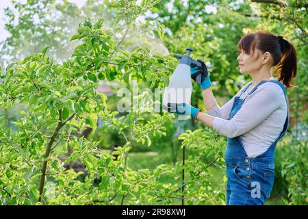 La donna spruzza fungicidi su alberi da frutto da malattie delle piante e parassiti Foto Stock